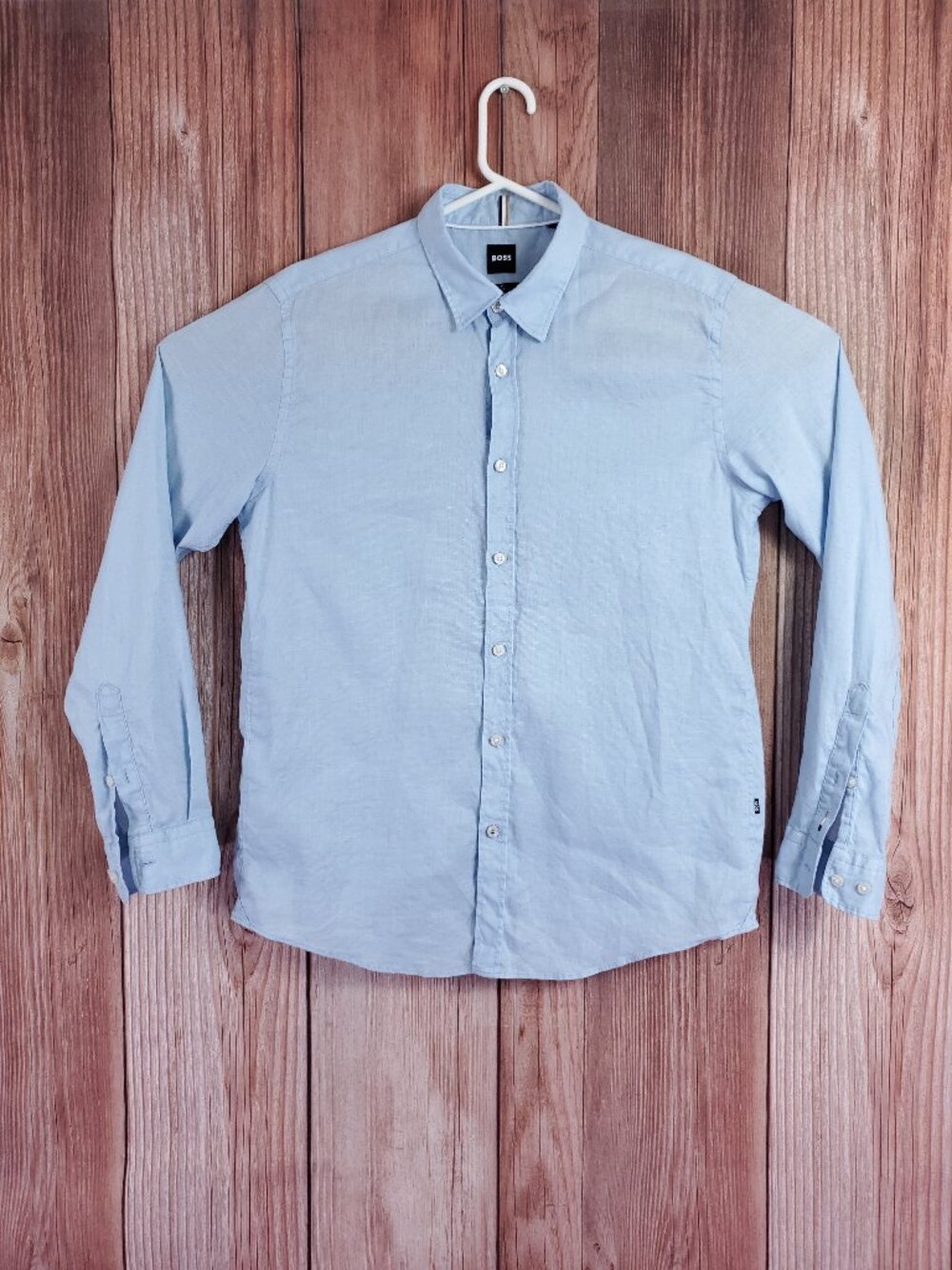 Hugo Boss Linen Blend Slim Fit Shirt Mens Large LS Button Up Stretch Blue